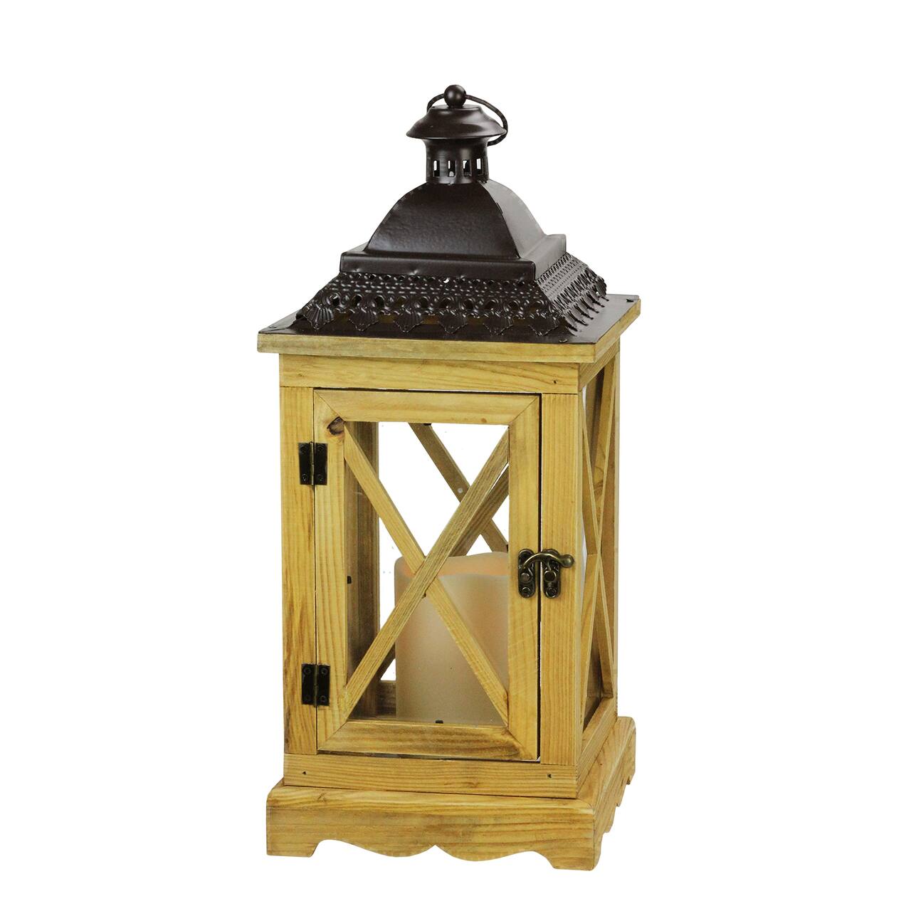 17.5&#x22; Rustic Wooden Lantern with Flameless Pillar Candle